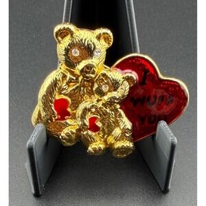 SFJ Steinmetz Teddy Bear‎ Brooch Gold Tone Red Enamel I Wuff You Heart Vintage